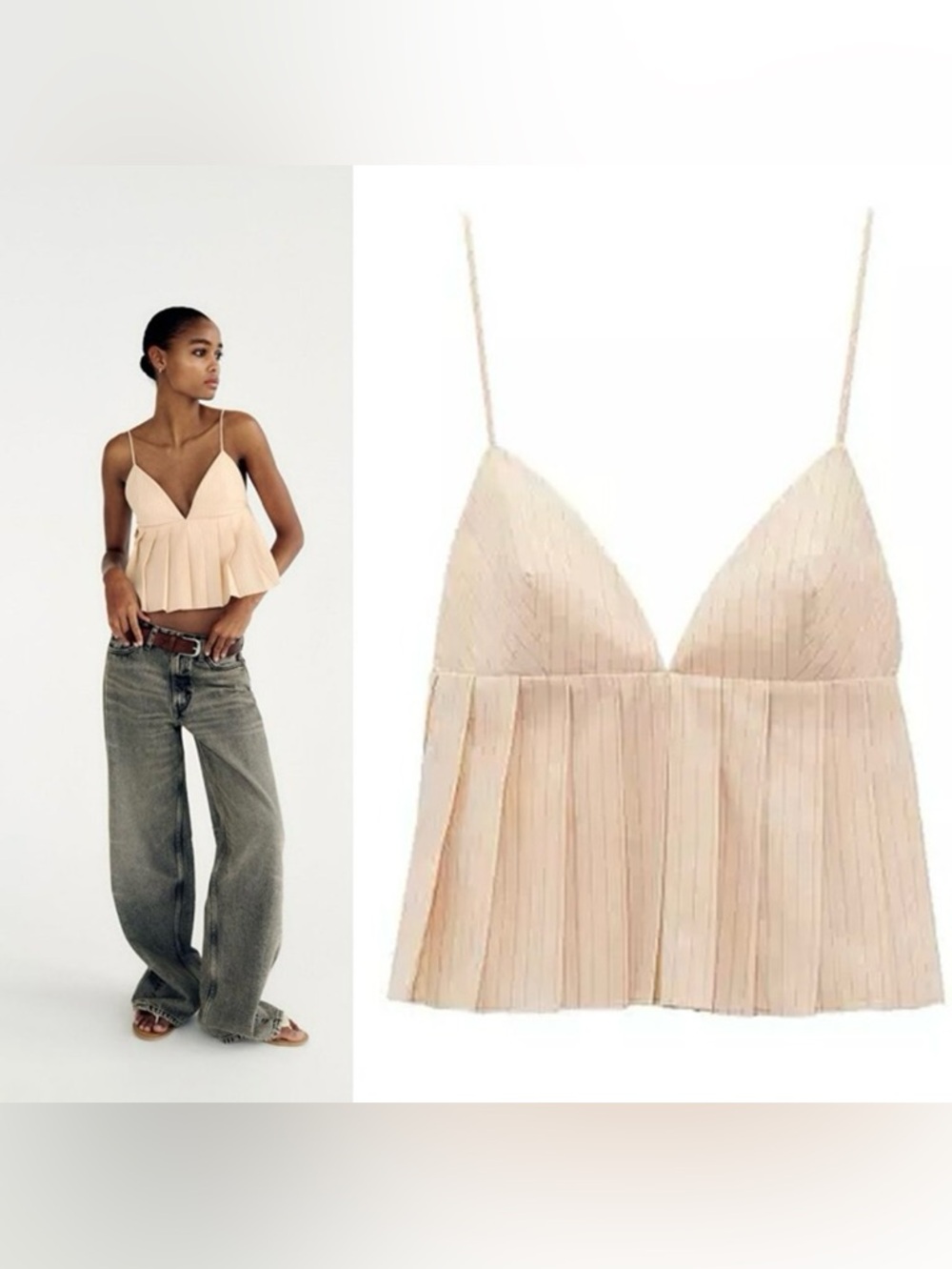 NWT New ZARA Pleated Cropped Beige Top